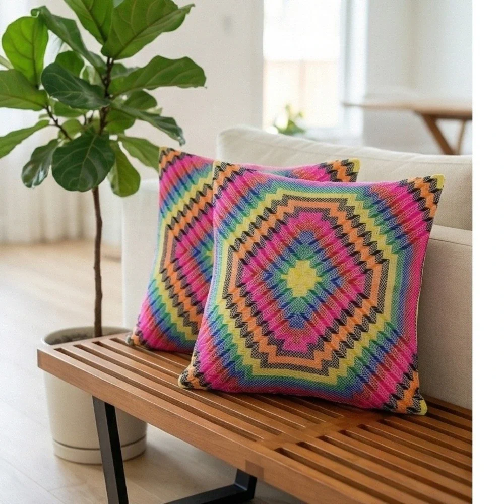 Ignite Rainbow Aztec Pillow Cover Zipper Colorful Black Trim 20‎ x 20 Decor NEW